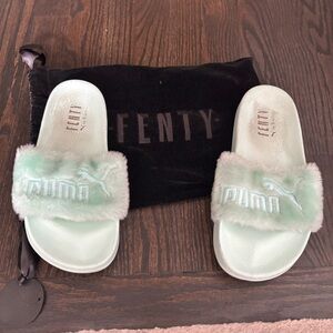 Puma Mint Green Furry Slide Sandals